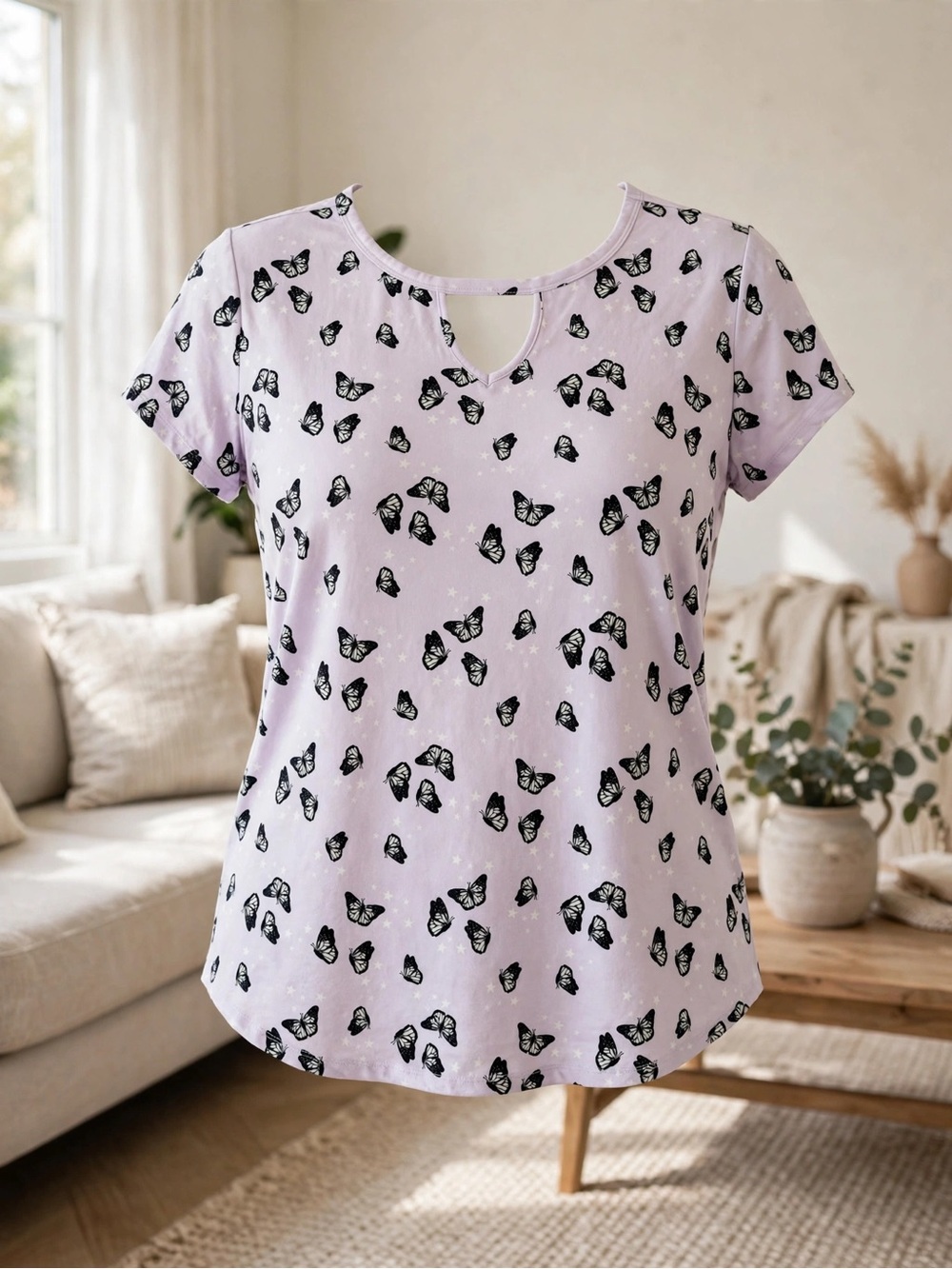 Joe Boxer Lavender Butterfly Keyhole Short Sleeve Tee